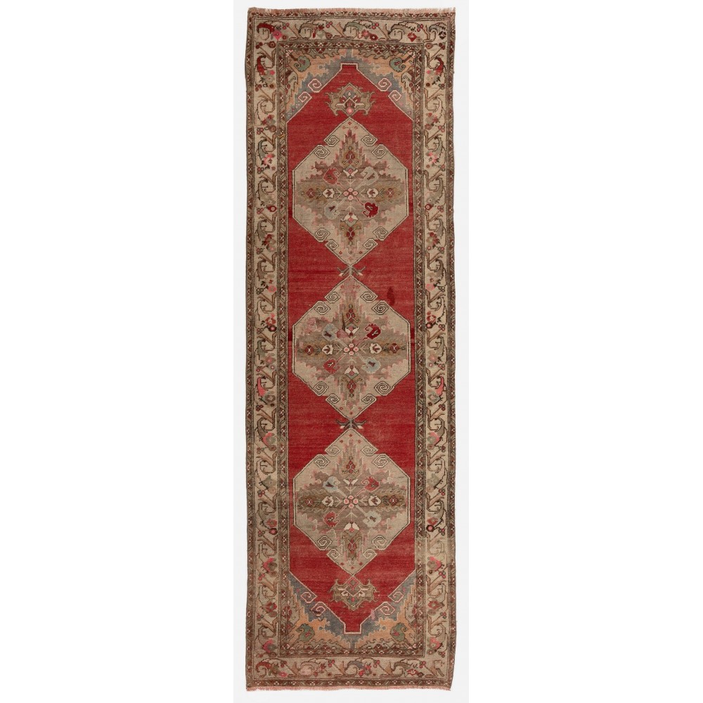 Antique Handmade Turkish Oushak Runner Rug, 100% Wool