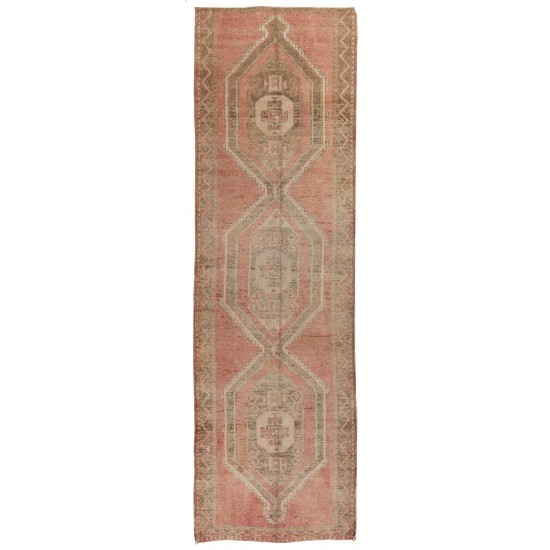 Traditional Vintage Hand-Knotted Anatolian Runner Rug in Soft Colors.