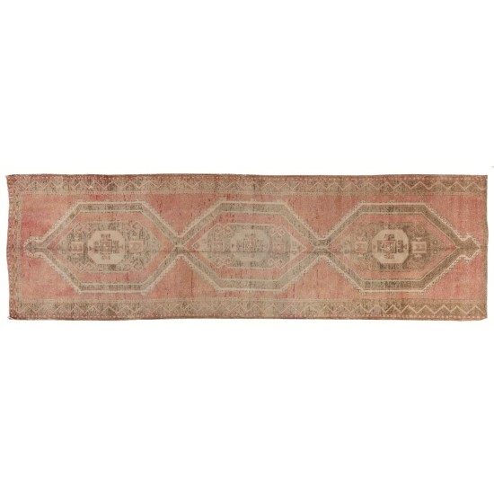Traditional Vintage Hand-Knotted Anatolian Runner Rug in Soft Colors.