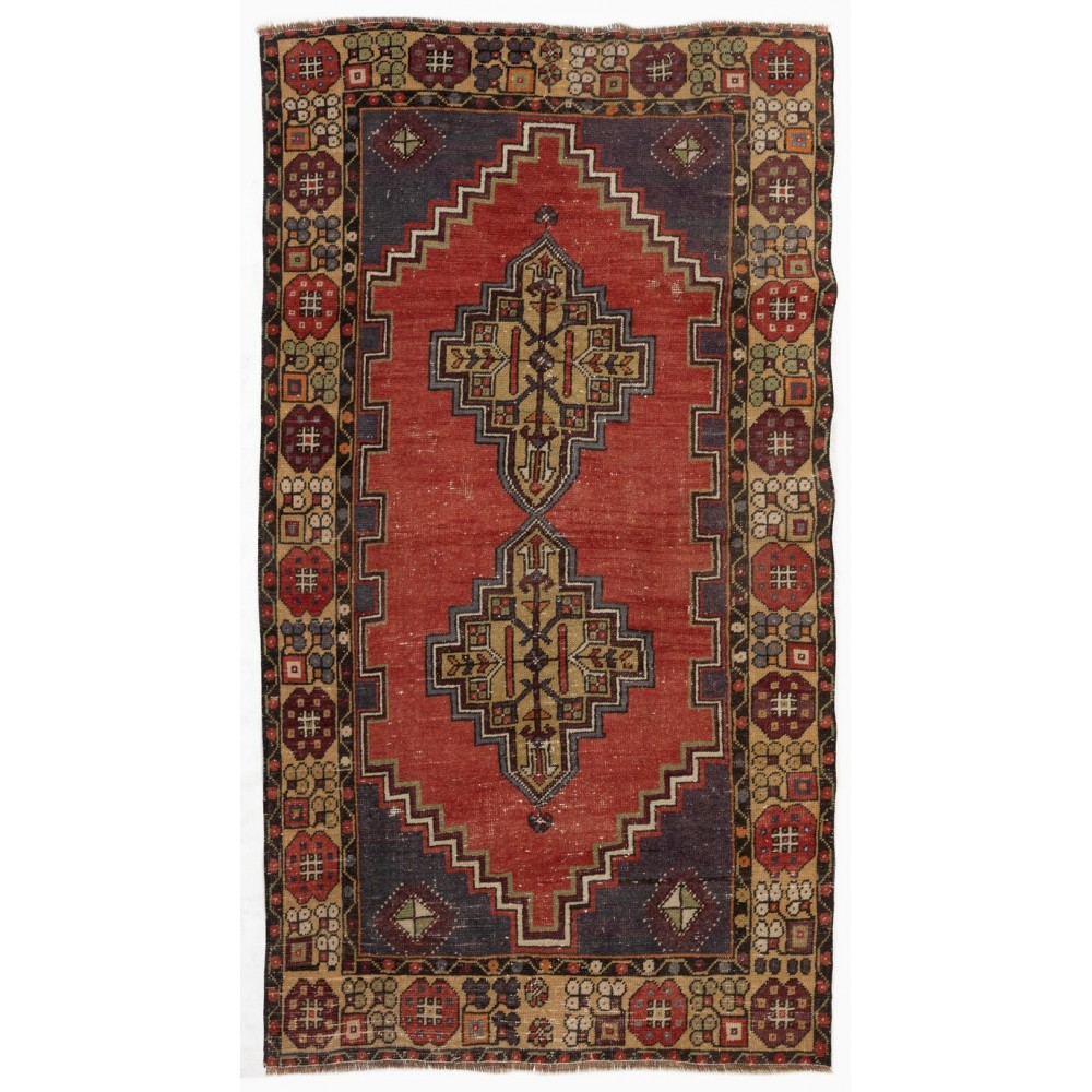 Vintage Handmade Turkish Village Rug, 100% Wool, One of a Kind