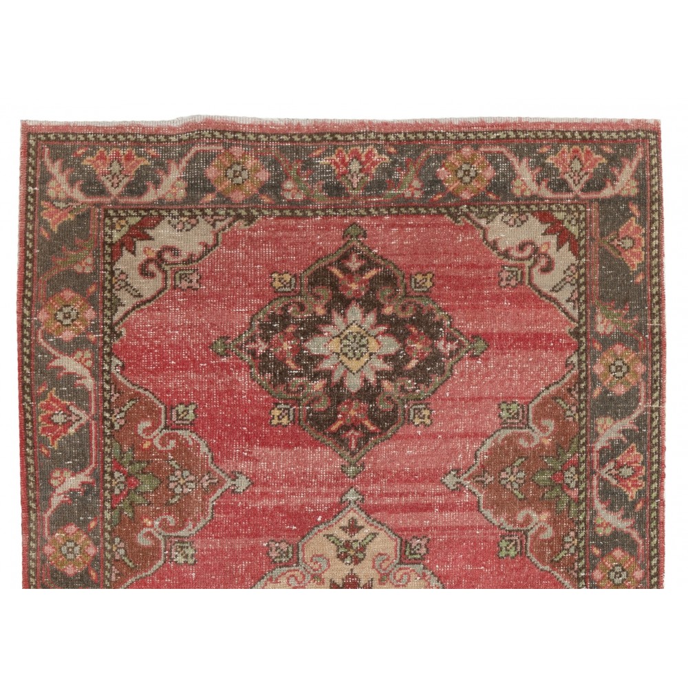 Vintage Hand-Knotted Turkish Triple Medallion Rug in Coral, Beige and Dark Green Vintage Hand-Knotted Turkish Triple Medallion Rug in Coral, Beige and Dark Green