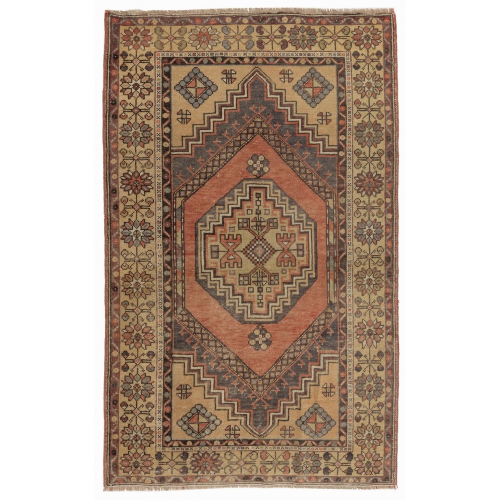 Handmade Vintage Turkish Village Rug with Geometric Medallion Design