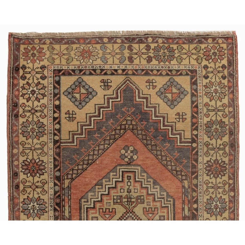 Handmade Vintage Turkish Village Rug with Geometric Medallion Design