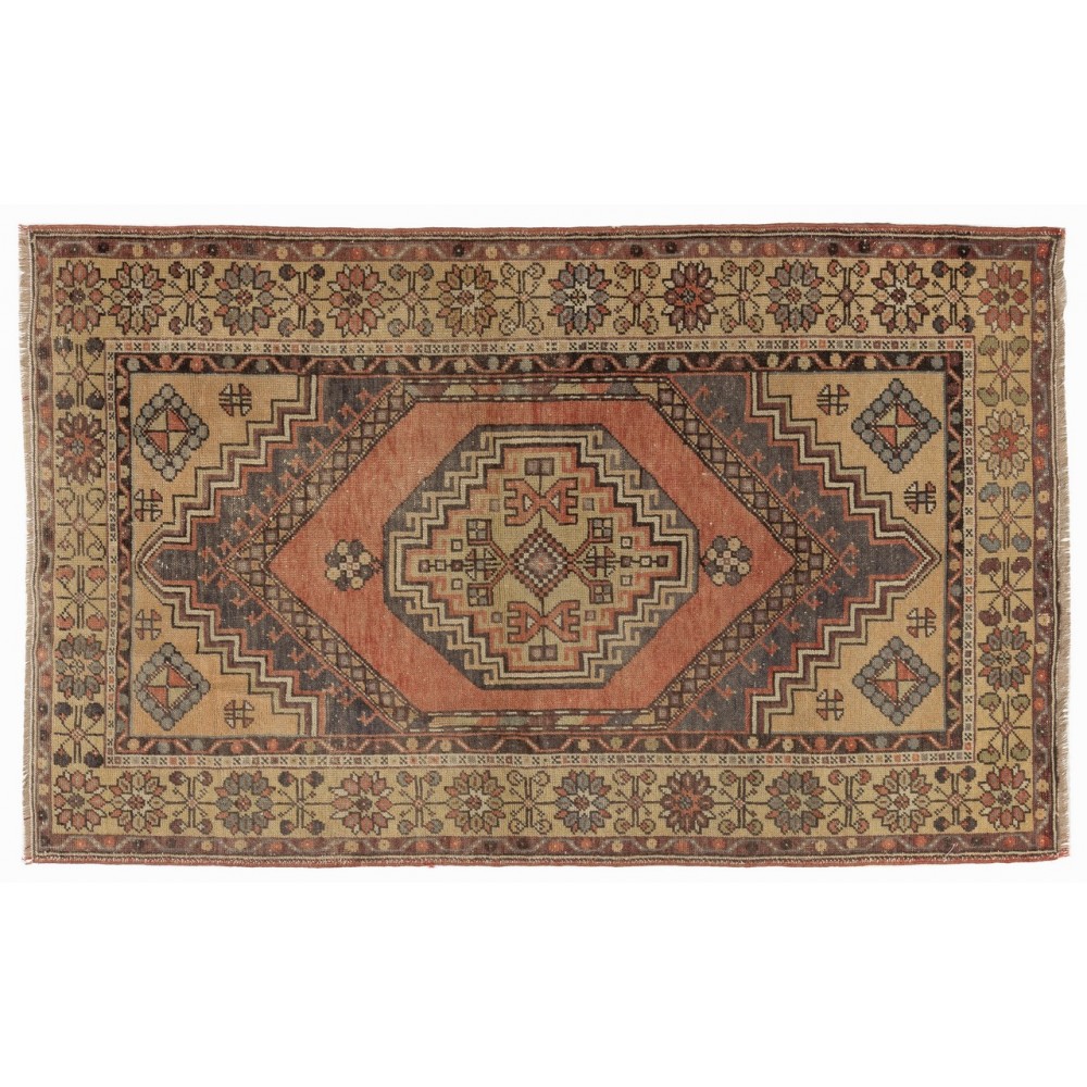 Handmade Vintage Turkish Village Rug with Geometric Medallion Design