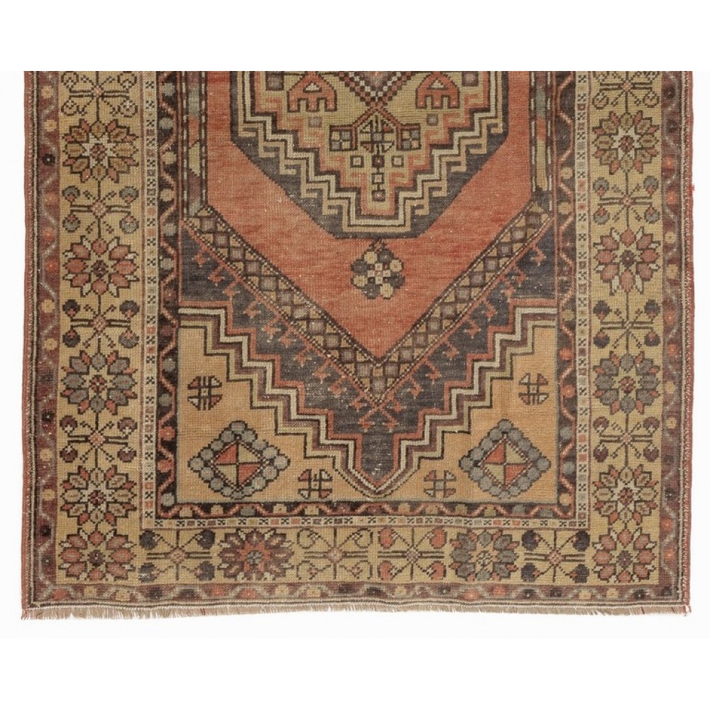 Handmade Vintage Turkish Village Rug with Geometric Medallion Design