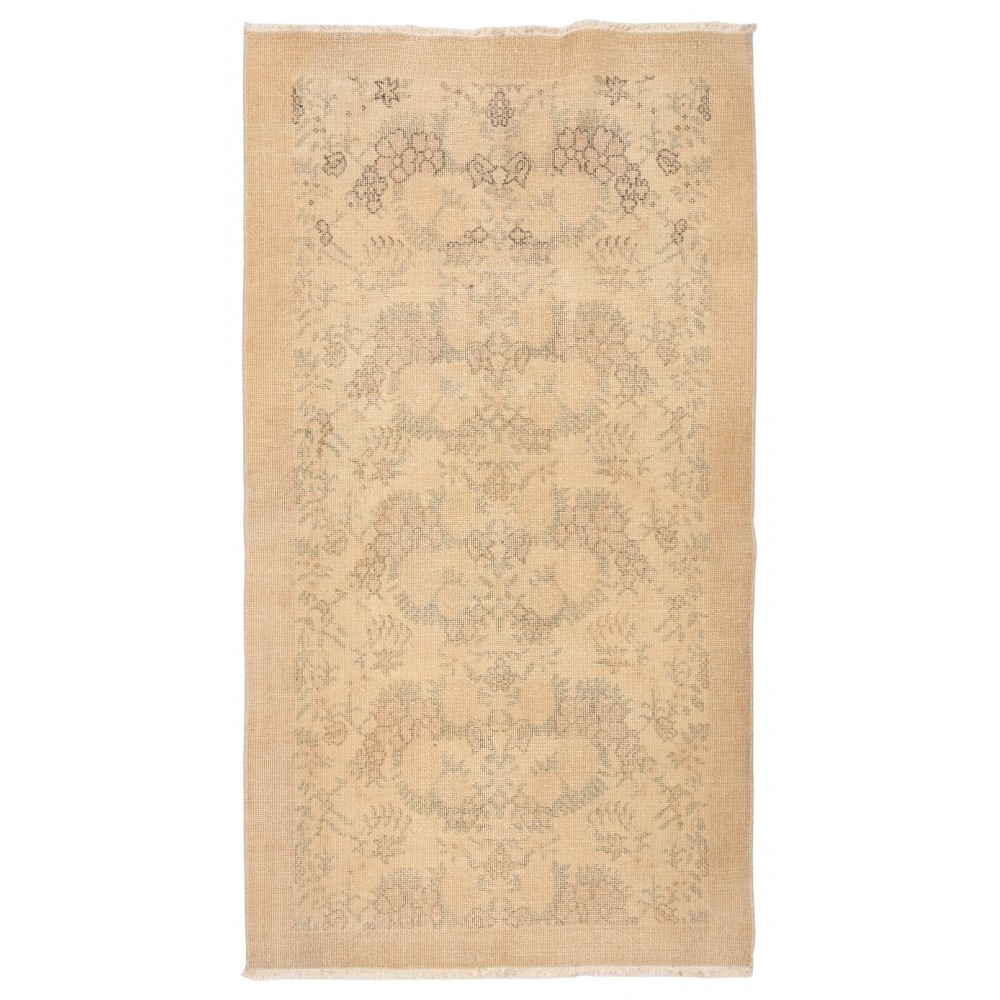 One of a pair Hand-Knotted Floral Design Vintage Turkish Accent Rug in Neutral Colors