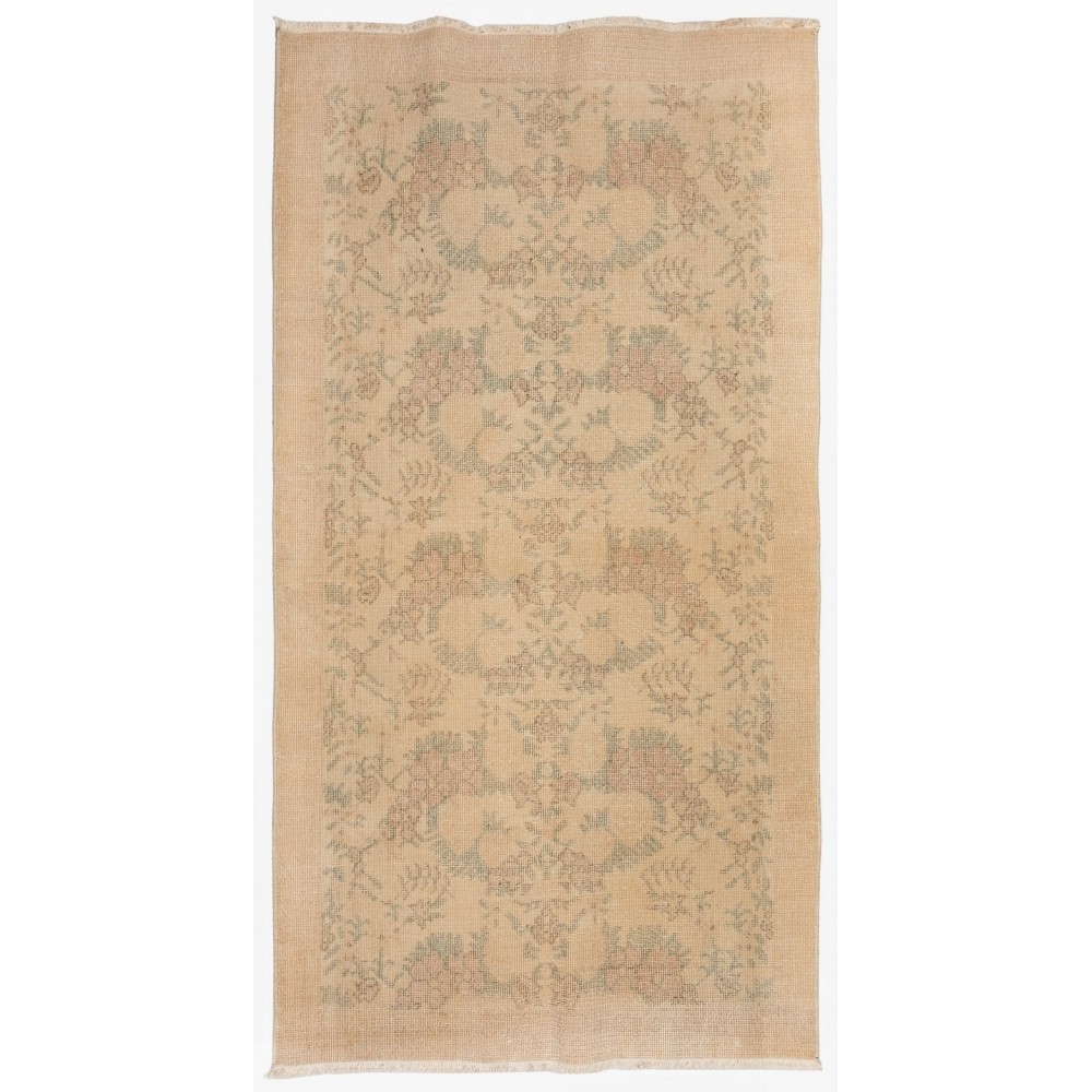 One of a pair Hand-Knotted Floral Design Vintage Turkish Accent Rug in Neutral Colors