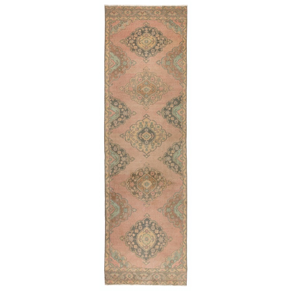 Vintage Central Anatolian Wool Runner Rug in Faded Coral and Light Blue