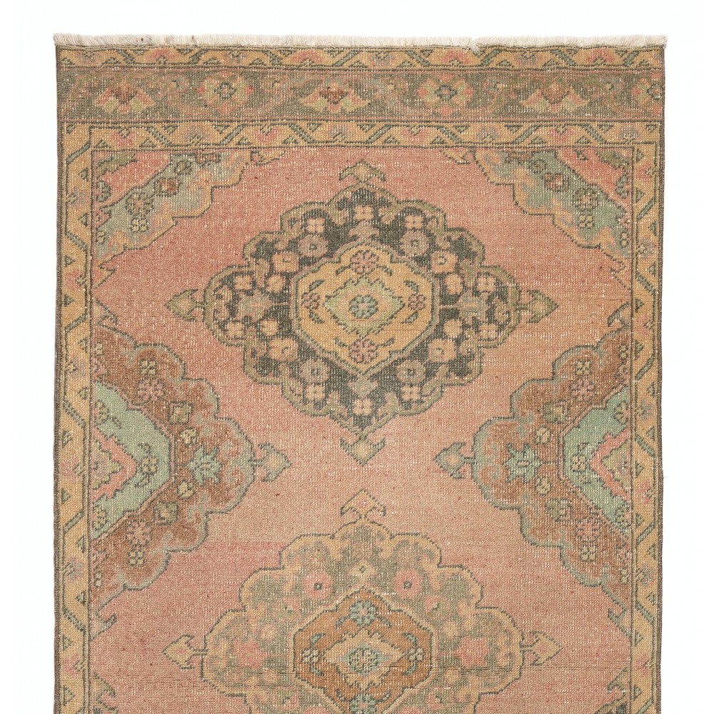 Vintage Central Anatolian Wool Runner Rug in Faded Coral and Light Blue