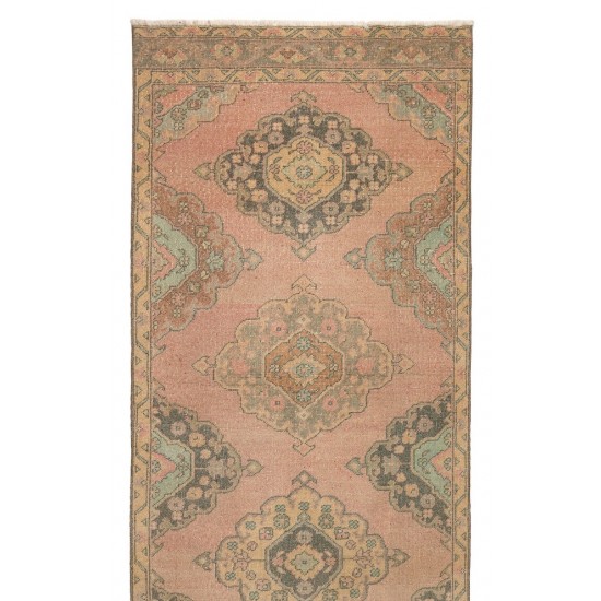 Vintage Central Anatolian Wool Runner Rug in Faded Coral and Light Blue