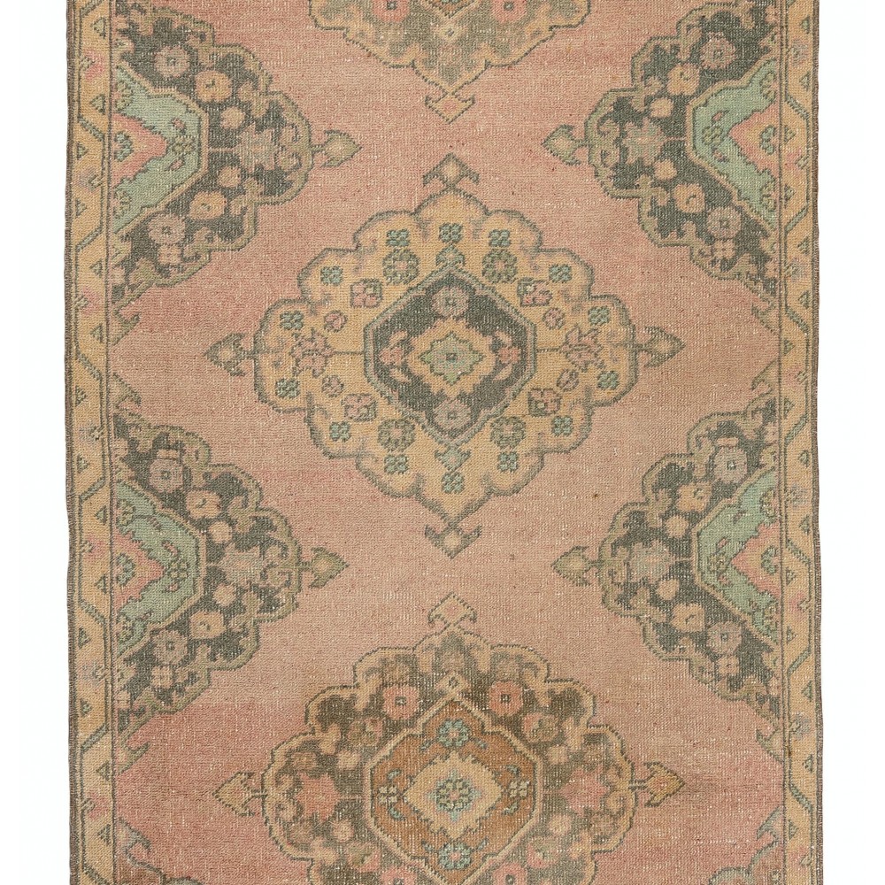 Vintage Central Anatolian Wool Runner Rug in Faded Coral and Light Blue