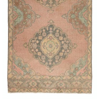 Vintage Central Anatolian Wool Runner Rug in Faded Coral and Light Blue