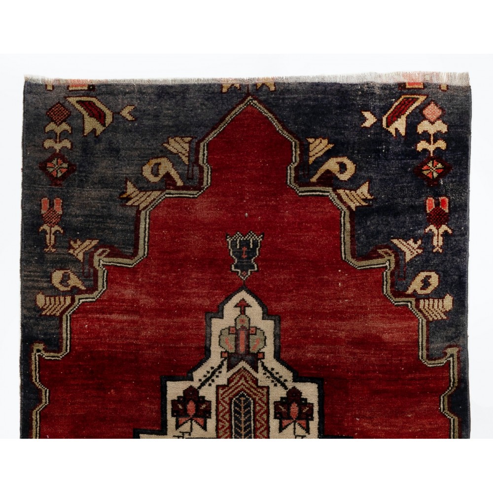 Vintage Hand-Knotted Turkish Wool Runner Rug in Red and Dark Navy, Circa 1960