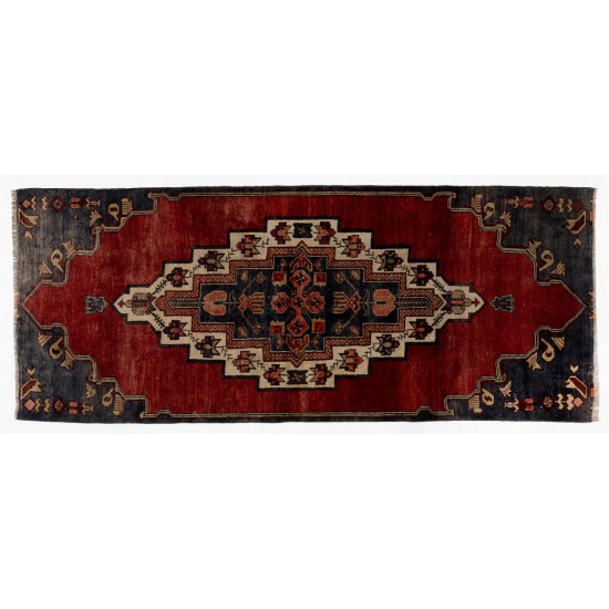 Vintage Hand-Knotted Turkish Wool Rug in Red & Dark Navy Color, circa 1960