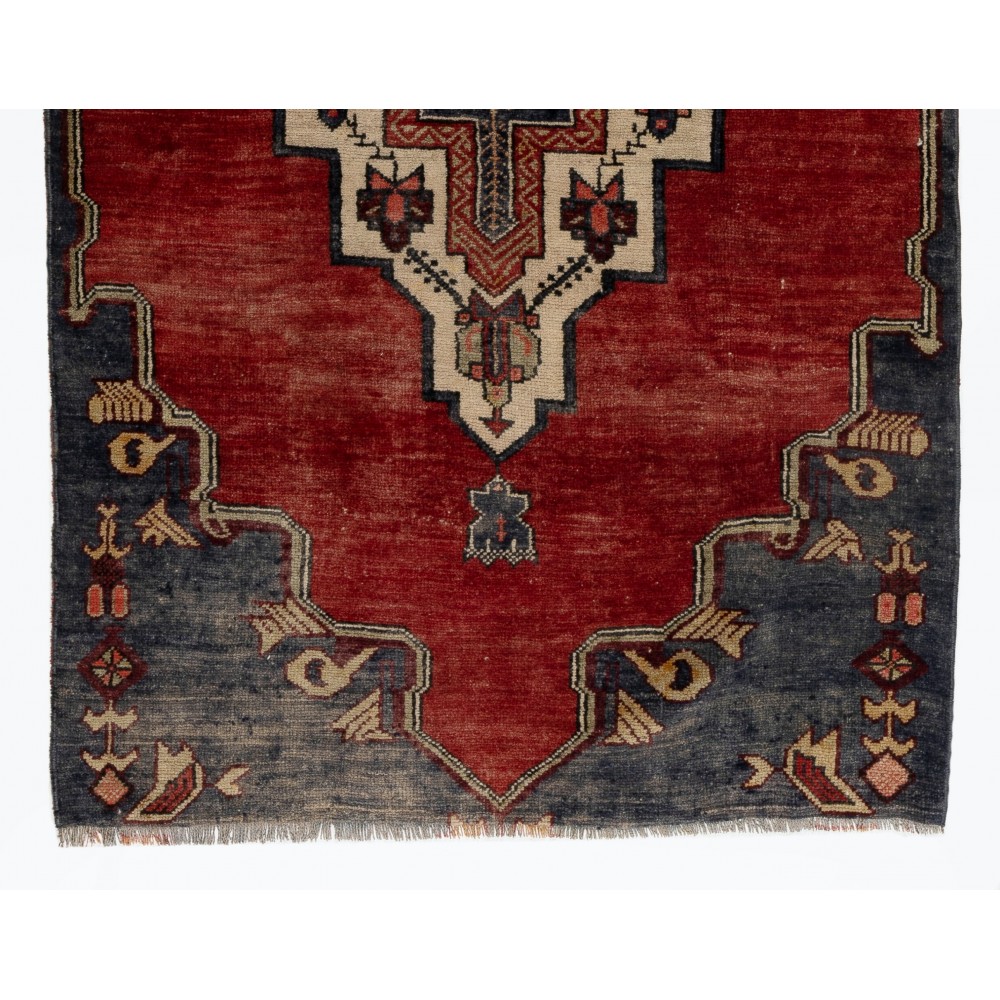 Vintage Hand-Knotted Turkish Wool Runner Rug in Red and Dark Navy, Circa 1960