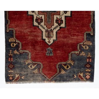 Vintage Hand-Knotted Turkish Wool Runner Rug in Red and Dark Navy, Circa 1960 Vintage Hand-Knotted Turkish Wool Runner Rug in Red and Dark Navy, Circa 1960