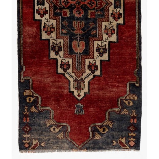 Vintage Hand-Knotted Turkish Wool Rug in Red & Dark Navy Color, circa 1960