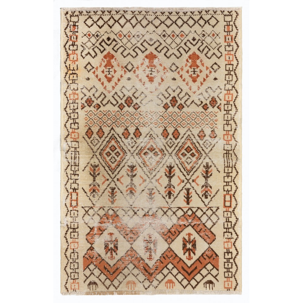 One of a kind Vintage Handmade Turkish Area Rug in Beige, Orange and Brown Colors, 100% Wool