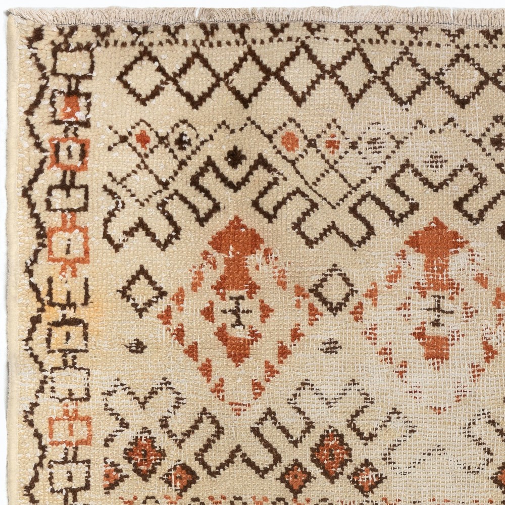 One of a kind Vintage Handmade Turkish Area Rug in Beige, Orange and Brown Colors, 100% Wool