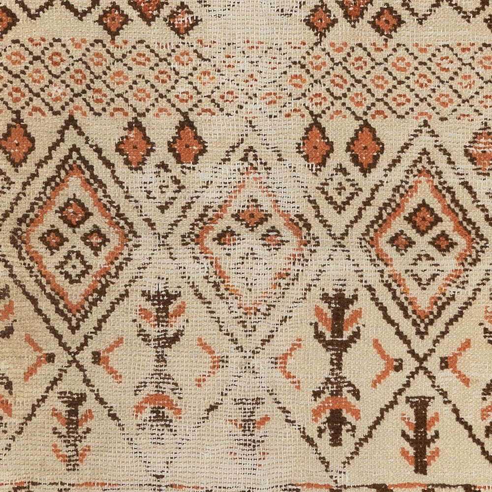 One of a kind Vintage Handmade Turkish Area Rug in Beige, Orange and Brown Colors, 100% Wool