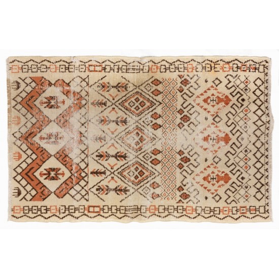 Antique Turkish Wool Rug. Geometric Design in Beige, Orange, Brown