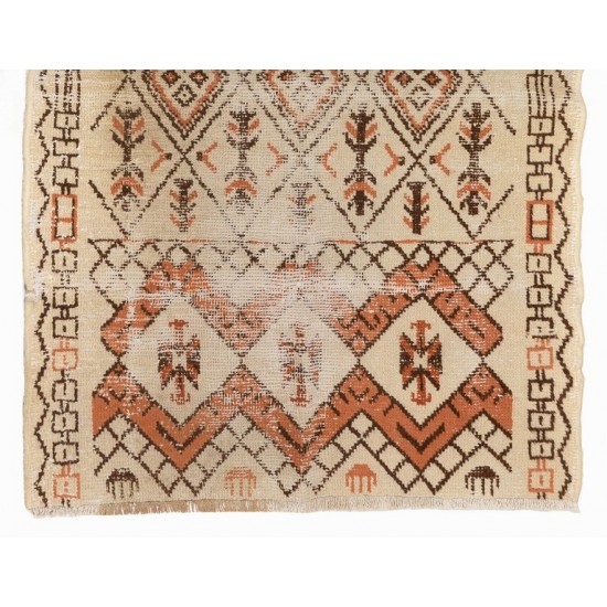 Antique Turkish Wool Rug. Geometric Design in Beige, Orange, Brown