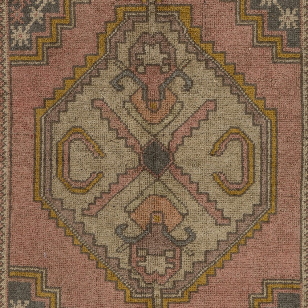 Vintage Hand-Knotted Turkish Geometric Medallion Rug in Blush, Ivory and Muted Green Vintage Hand-Knotted Turkish Geometric Medallion Rug in Blush, Ivory and Muted Green