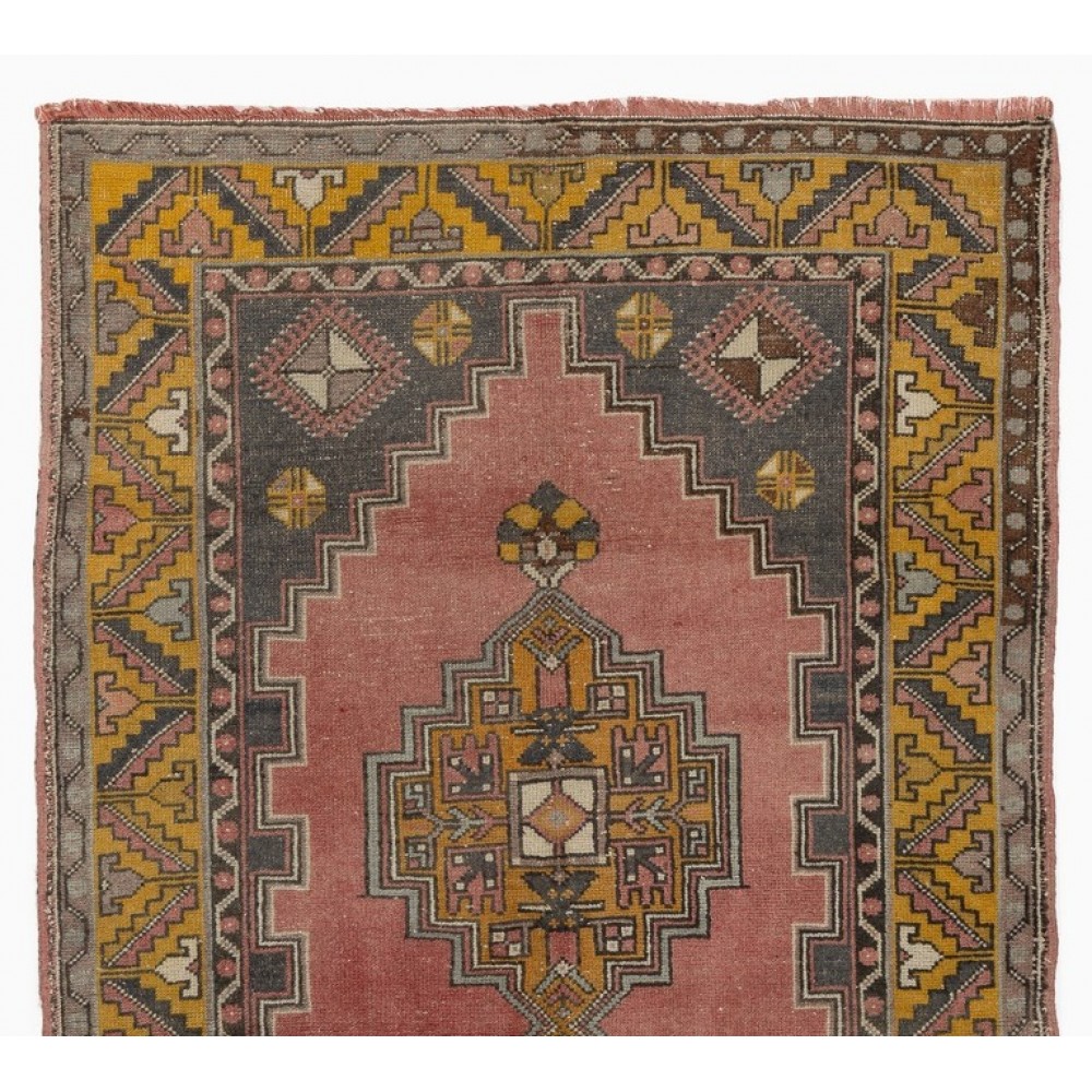 Vintage Hand Knotted Turkish Village Wool Rug with Medallion Design