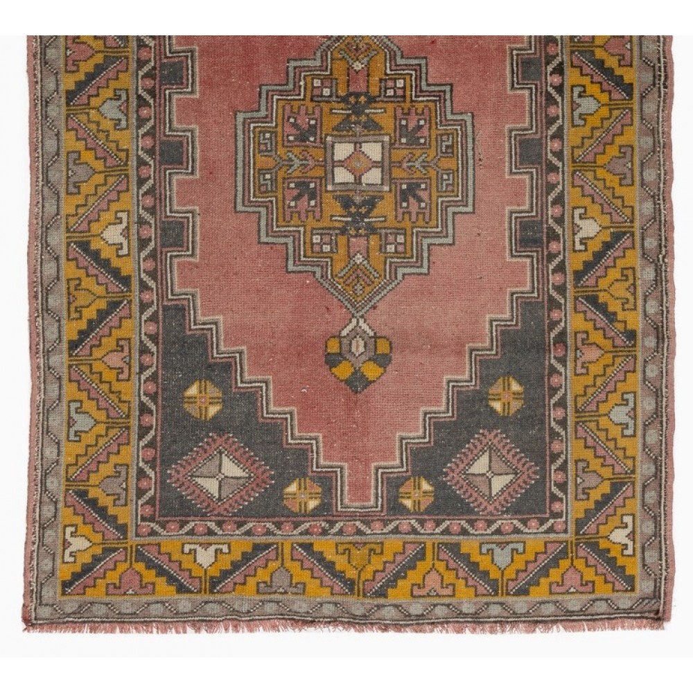 Vintage Hand Knotted Turkish Village Wool Rug with Medallion Design