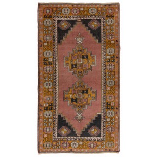 Vintage Hand-Knotted Turkish Village Rug in Faded Coral and Gold Color