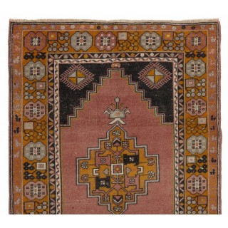 Vintage Hand-Knotted Turkish Village Rug in Faded Coral and Gold Color