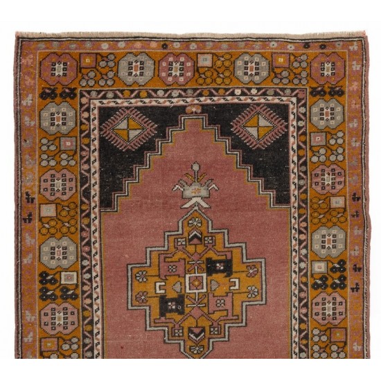Vintage Hand-Knotted Turkish Village Rug in Faded Coral and Gold Color