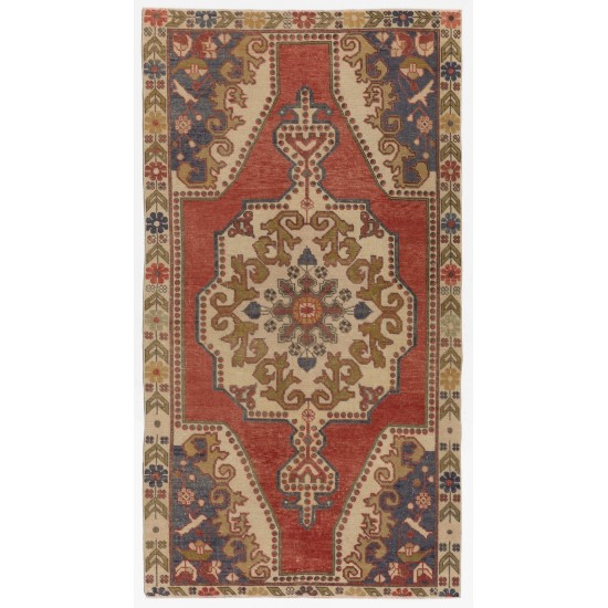 One of a Kind Vintage Hand Knotted Turkish Rug in Red with Medallion Design, 100% Wool