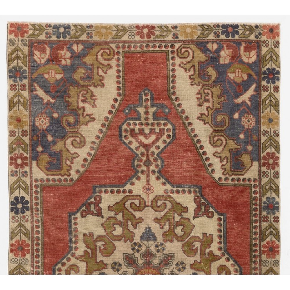One of a Kind Vintage Hand Knotted Turkish Rug in Red with Medallion Design, 100% Wool