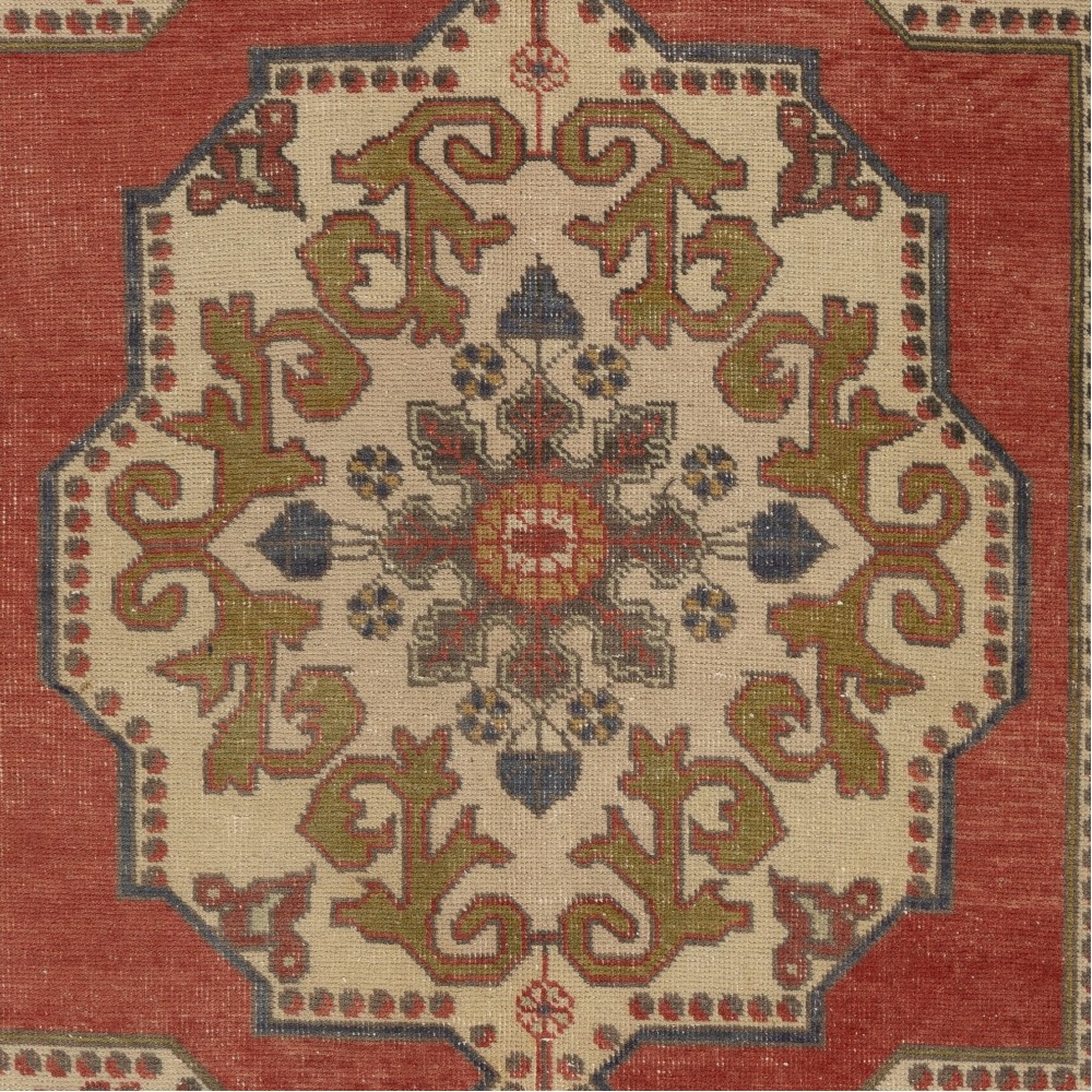 One of a Kind Vintage Hand Knotted Turkish Rug in Red with Medallion Design, 100% Wool