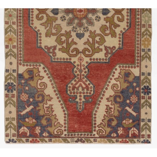 One of a Kind Vintage Hand Knotted Turkish Rug in Red with Medallion Design, 100% Wool