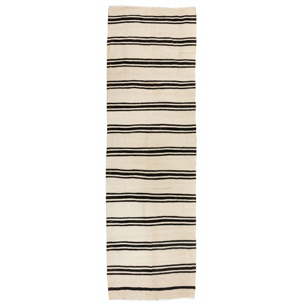 Vintage Striped Anatolian Runner Kilim in Cream and Black Colors. %100 Wool. Reversible
