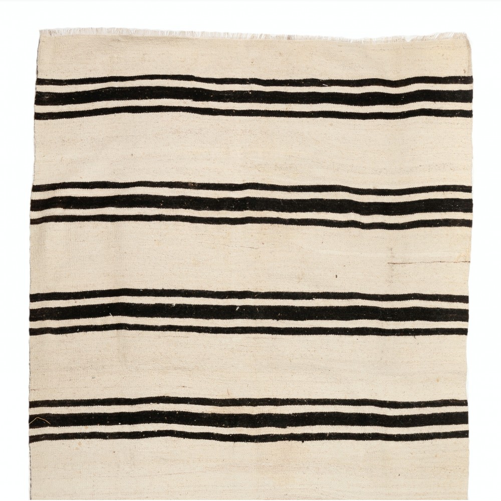 Vintage Striped Anatolian Runner Kilim in Cream and Black Colors. %100 Wool. Reversible