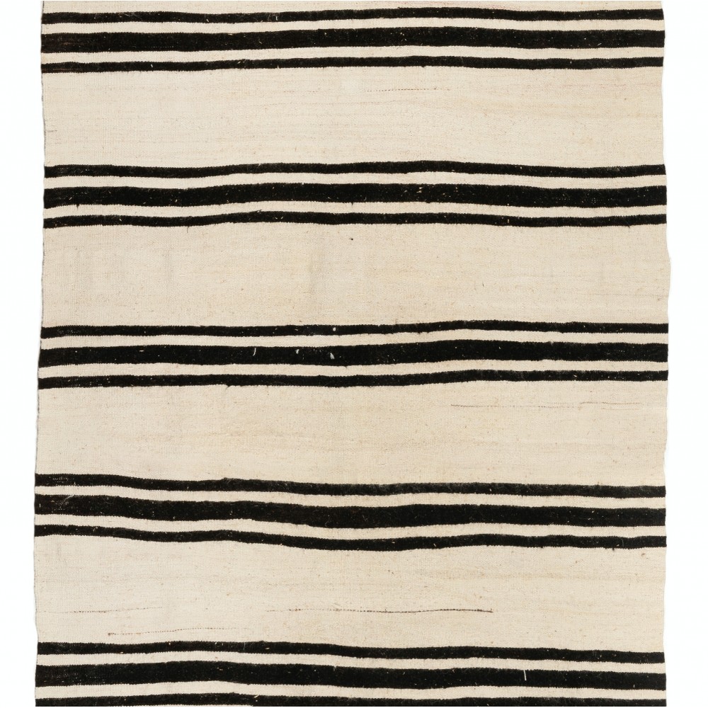 Vintage Striped Anatolian Runner Kilim in Cream and Black Colors. %100 Wool. Reversible