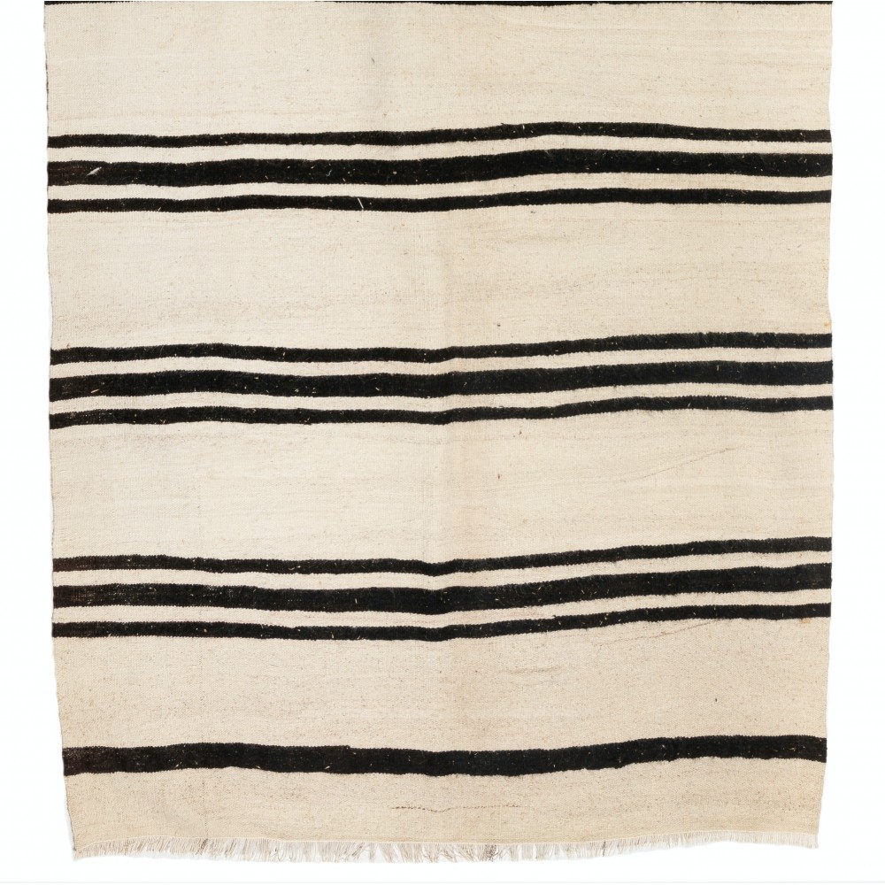 Vintage Striped Anatolian Runner Kilim in Cream and Black Colors. %100 Wool. Reversible