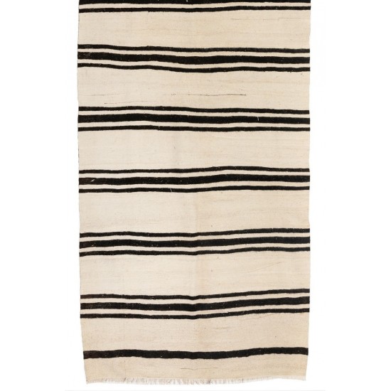 Vintage Striped Anatolian Runner Kilim in Cream and Black Colors. %100 Wool. Reversible