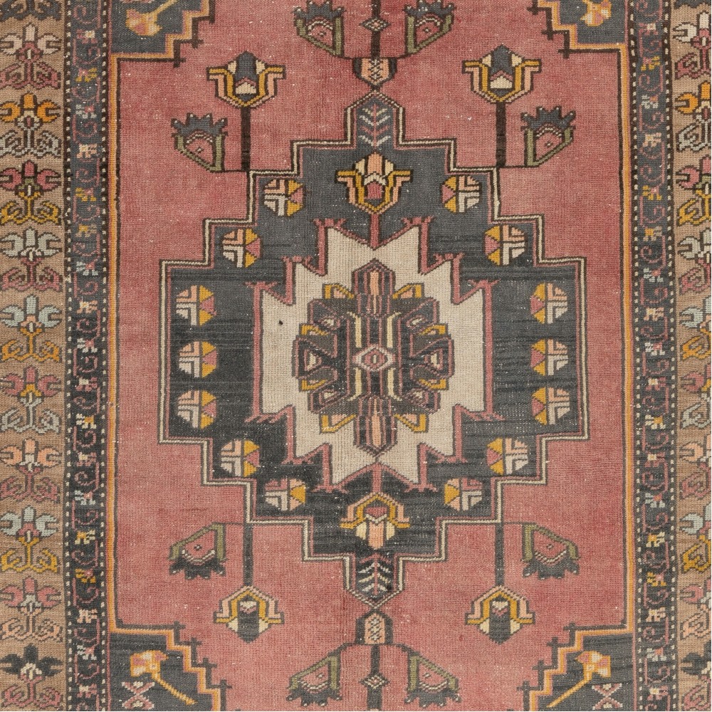 Vintage Hand-Knotted Turkish Tribal Rug in Dusty Rose, Charcoal and Gold, 100% Wool Vintage Hand-Knotted Turkish Tribal Rug in Dusty Rose, Charcoal and Gold, 100% Wool