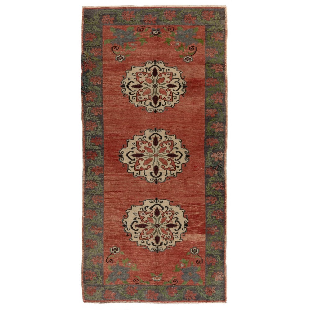 Vintage Karapinar Runner Rug in Soft Red, Green, Beige and Gray Colors, 100% Wool