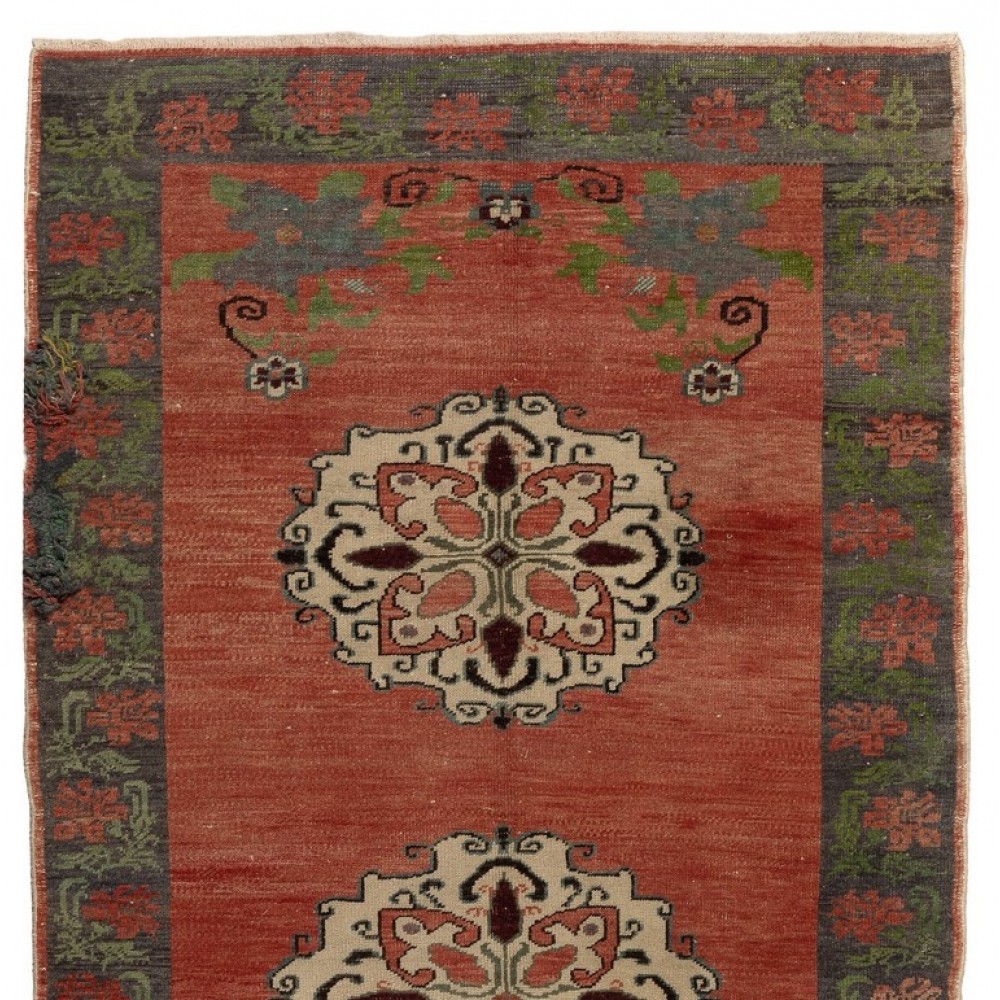 Vintage Karapinar Runner Rug in Soft Red, Green, Beige and Gray Colors, 100% Wool