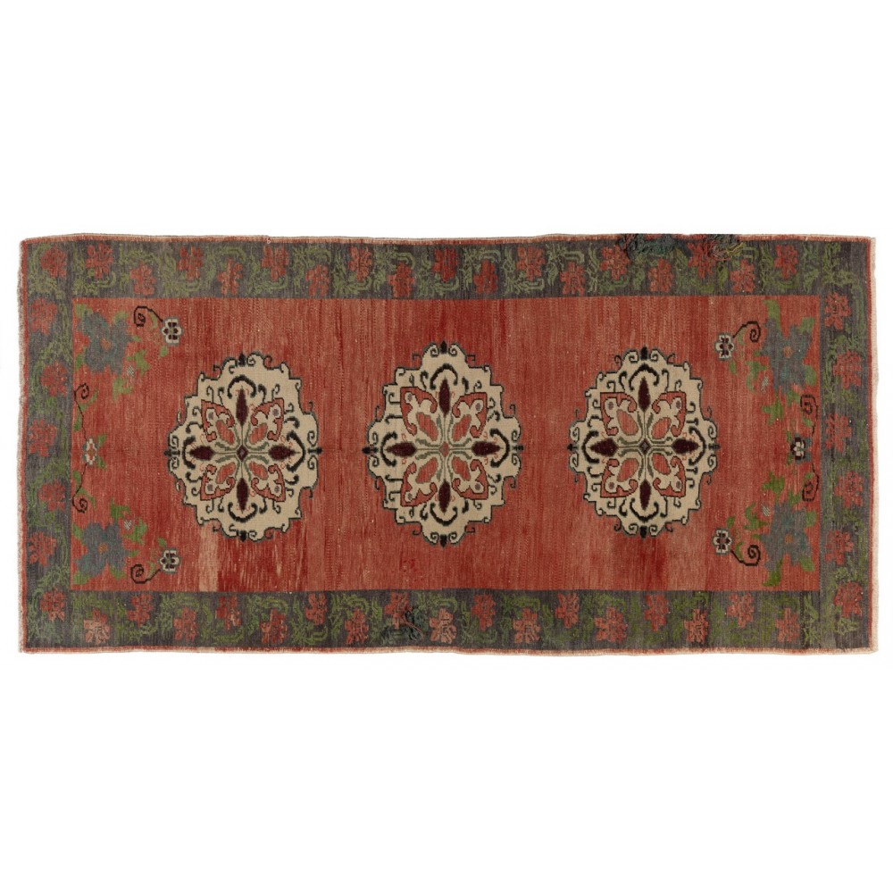 Vintage Karapinar Runner Rug in Soft Red, Green, Beige and Gray Colors, 100% Wool