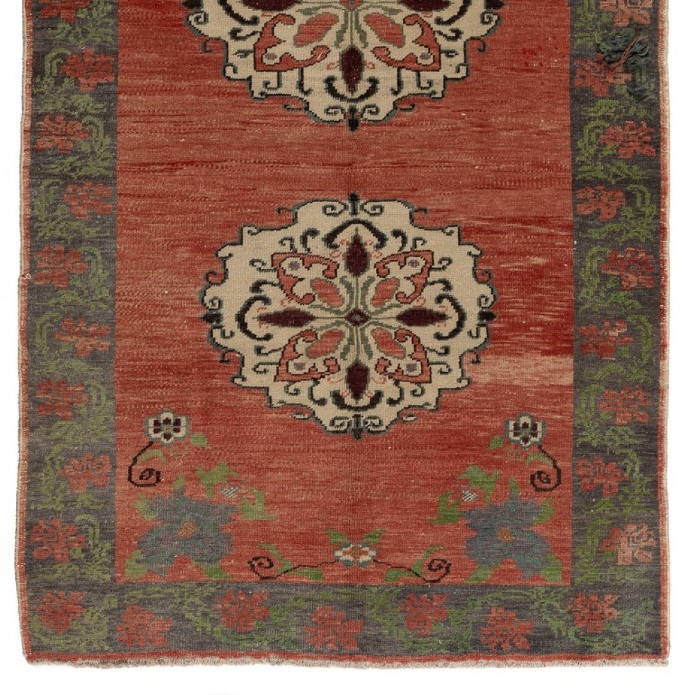 Vintage Karapinar Runner Rug in Soft Red, Green, Beige and Gray Colors, 100% Wool
