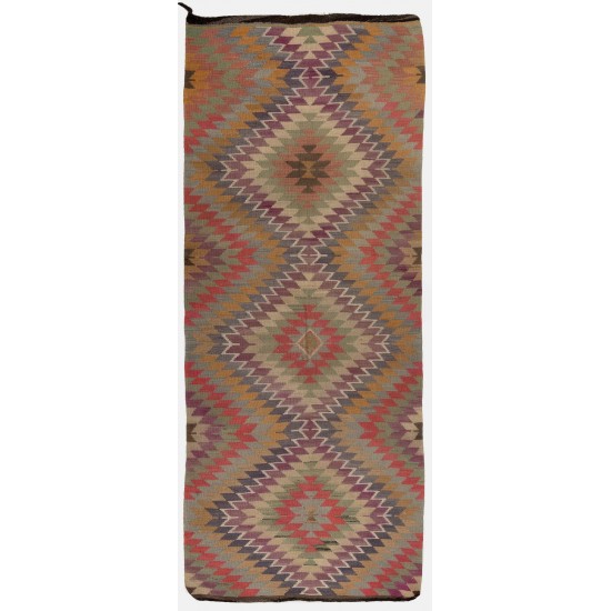 Vintage Anatolian Kilim Runner with Geometric Design. %100 Wool. Reversible