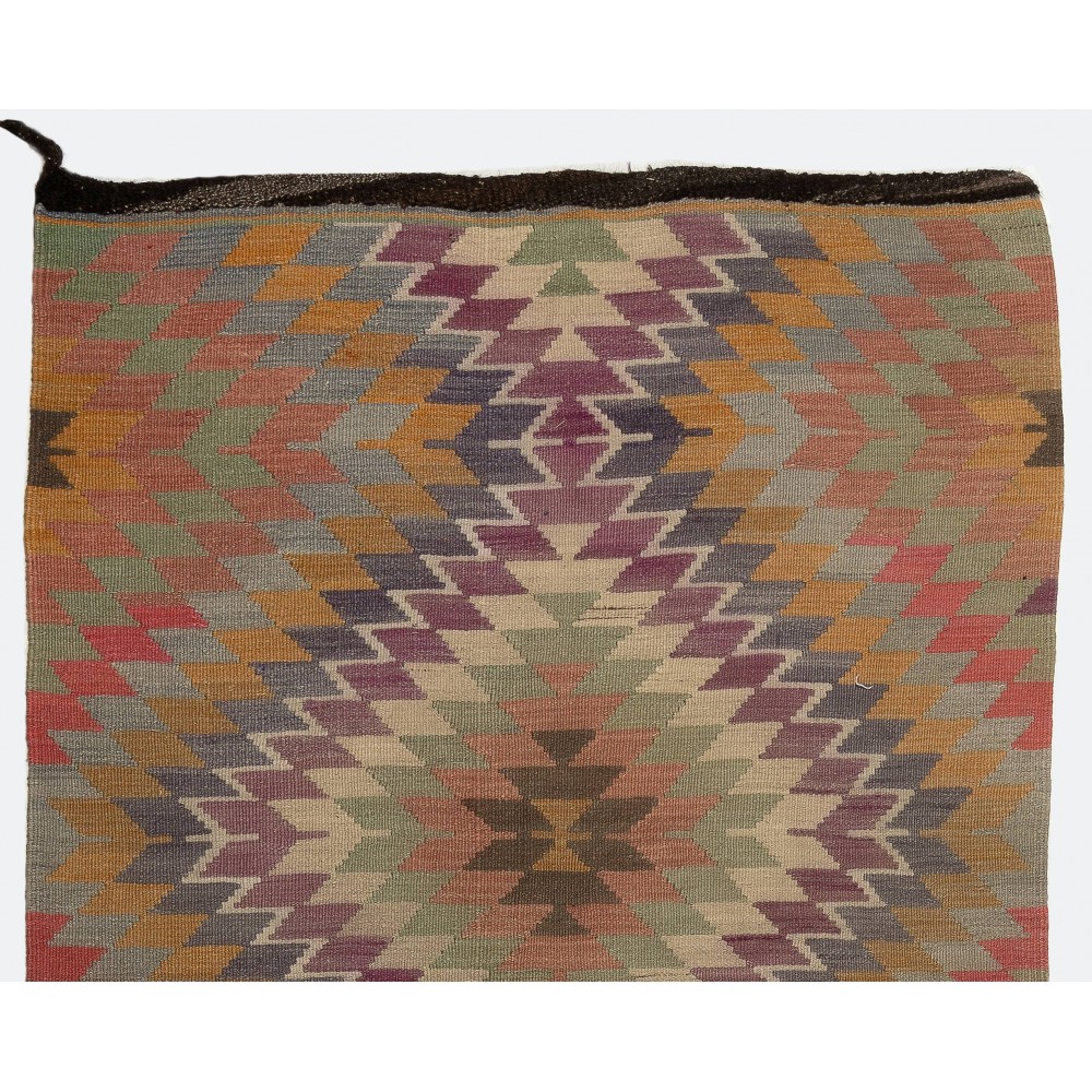 Vintage Anatolian Kilim Runner with Geometric Design. %100 Wool. Reversible