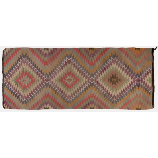 Vintage Anatolian Kilim Runner with Geometric Design. %100 Wool. Reversible