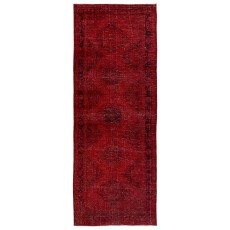 Vintage Handmade Distressed Turkish Wool Runner Rug Over-dyed in Red Colors